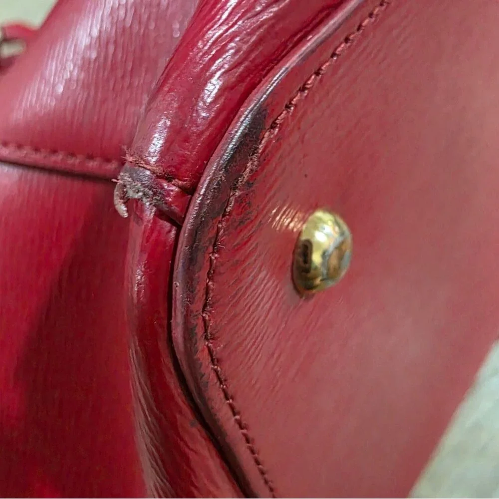 Ralph Lauren Red Saffiano Leather Tote Shoulder Handbag Gold Accents 18x11x7